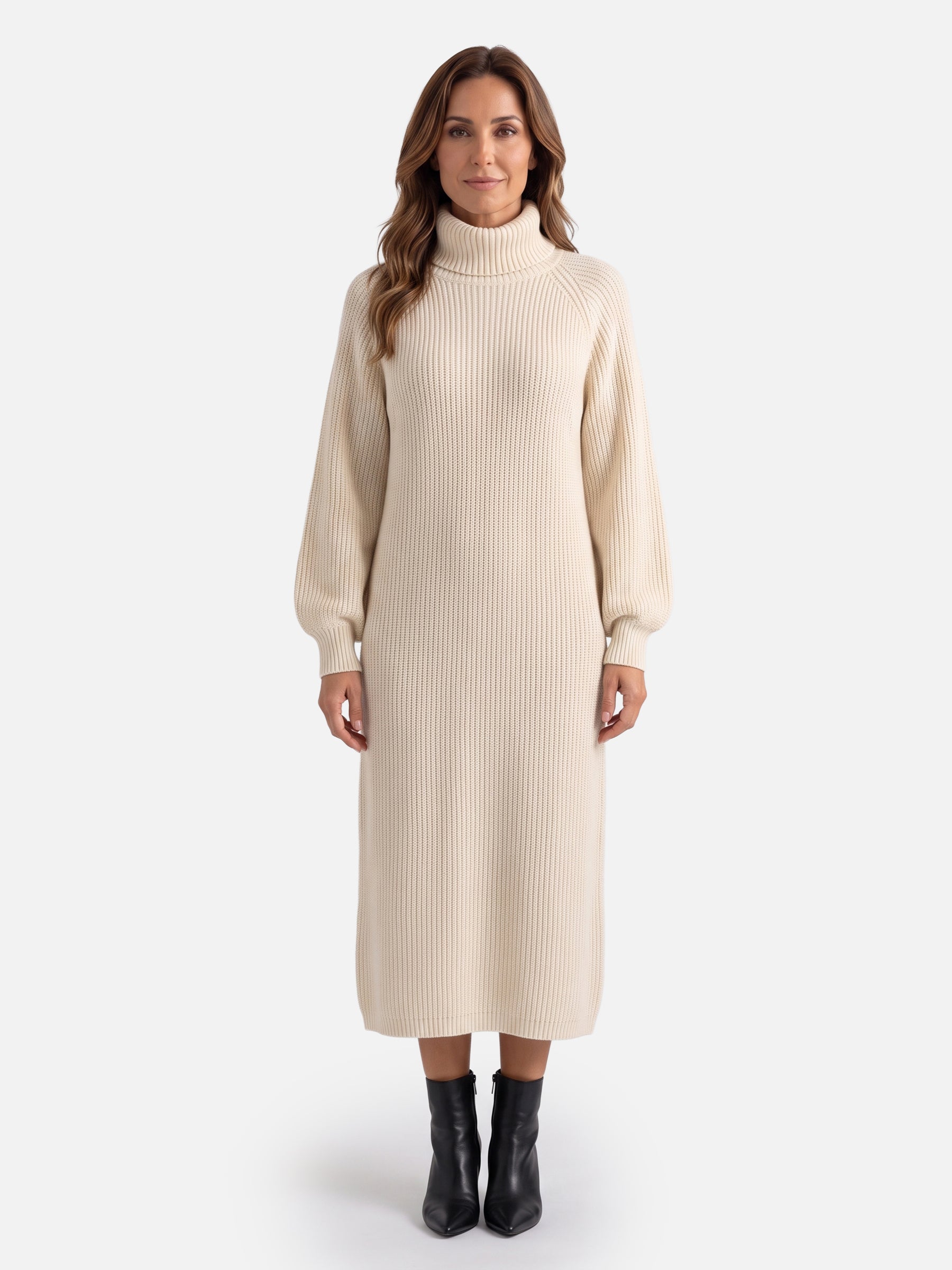 Robe Pull Femme en Maille Col Roulé Midi