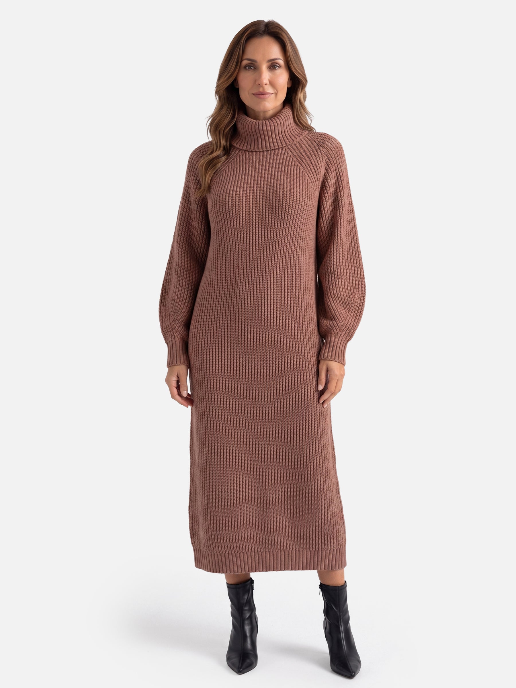 Robe Pull Femme en Maille Col Roulé Midi