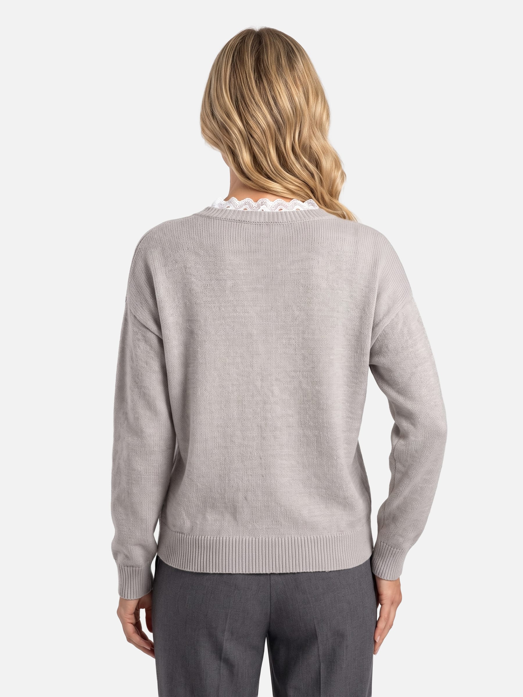 Pull Femme Maille Col V Bordé de Dentelle