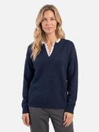 Pull Femme Maille Col V Bordé de Dentelle