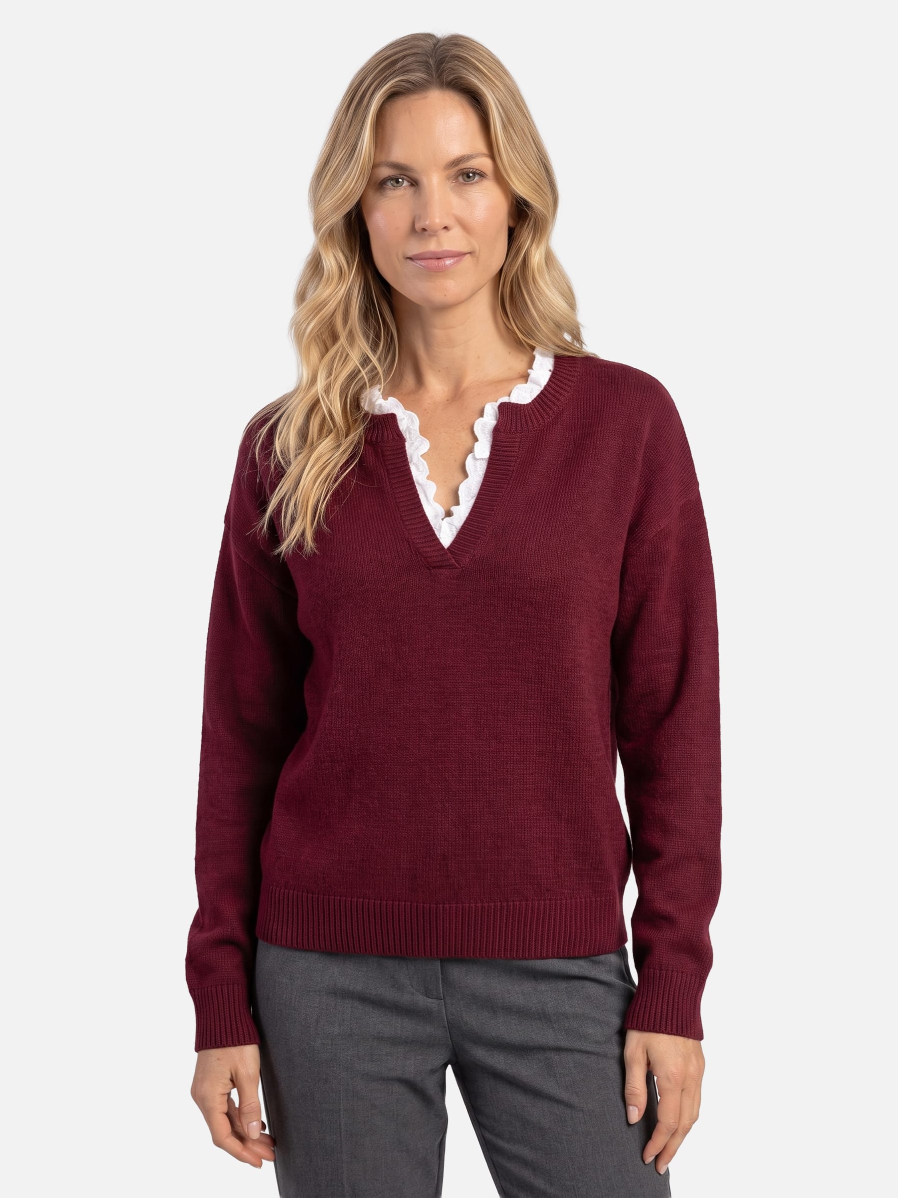 Pull Femme Maille Col V Bordé de Dentelle