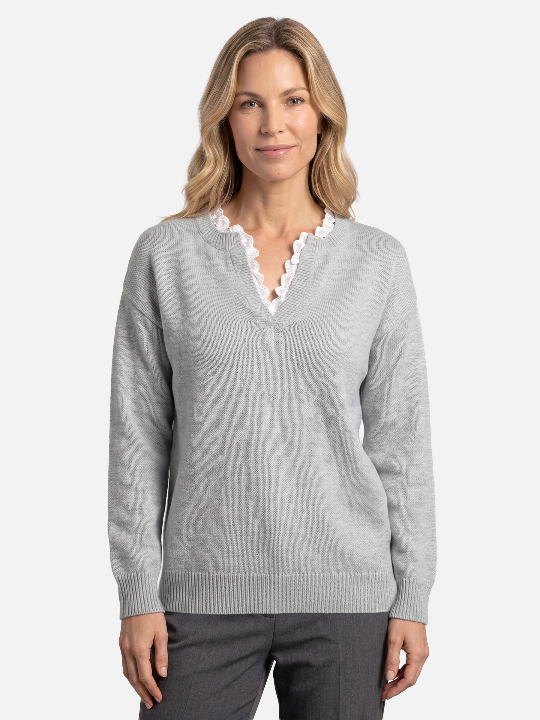 Pull Femme Maille Col V Bordé de Dentelle