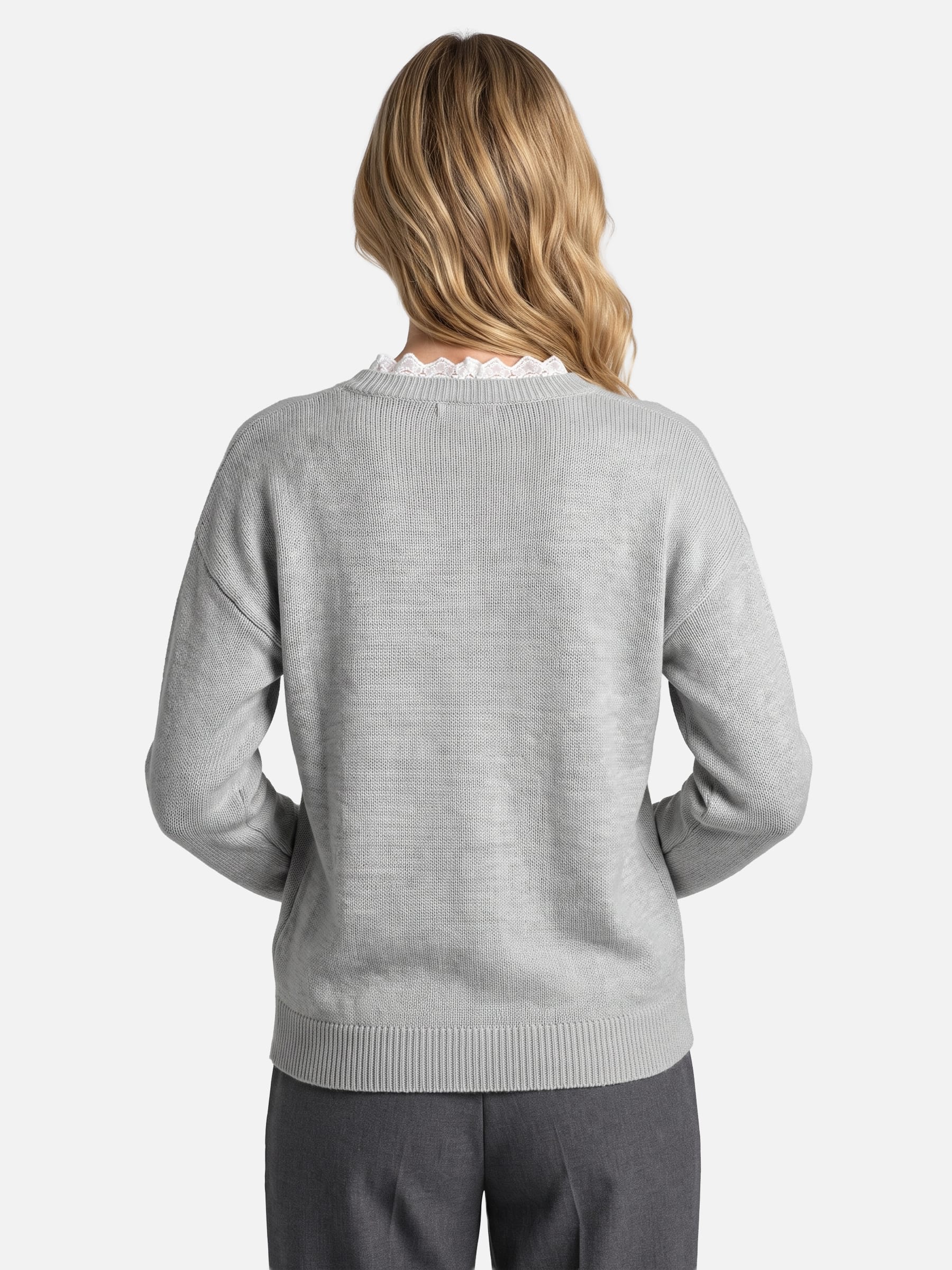 Pull Femme Maille Col V Bordé de Dentelle