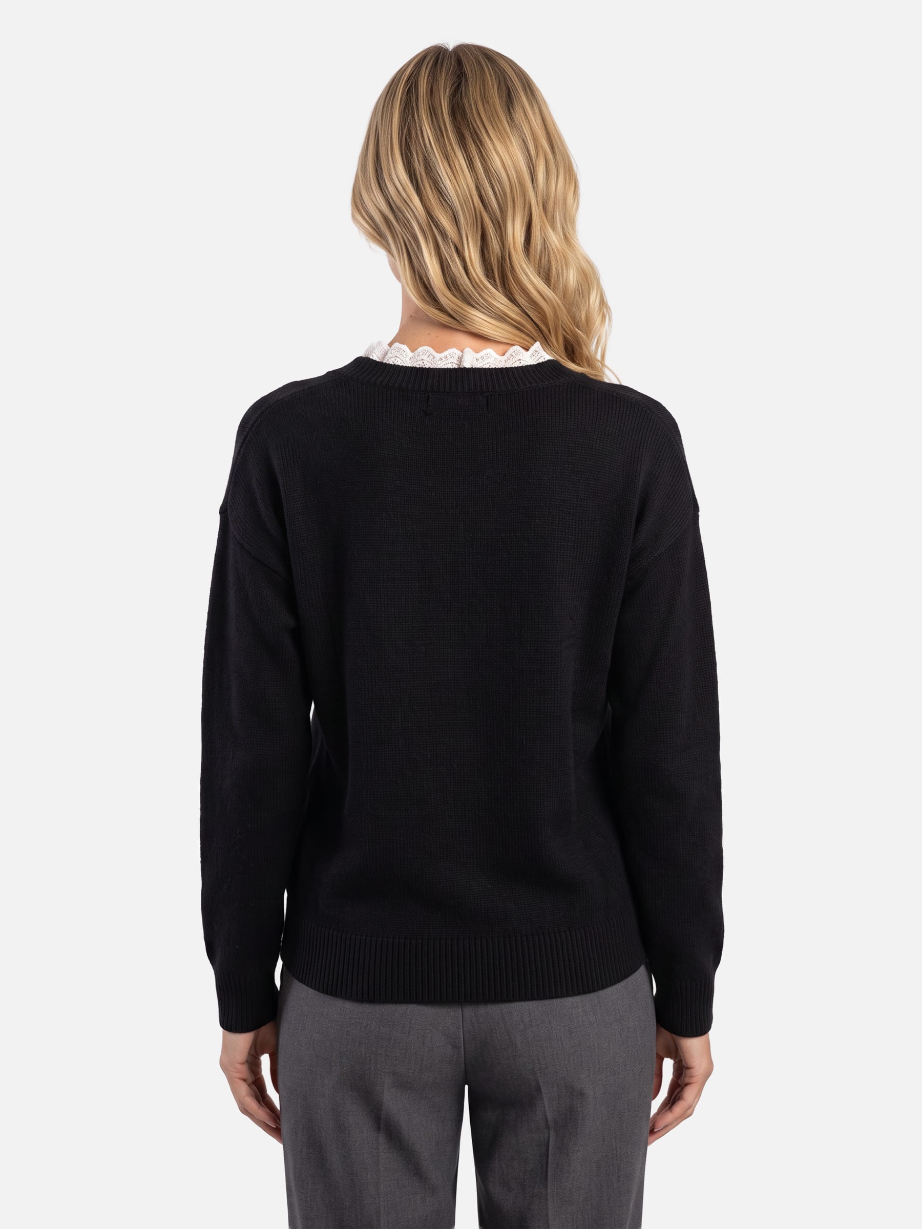 Pull Femme Maille Col V Bordé de Dentelle