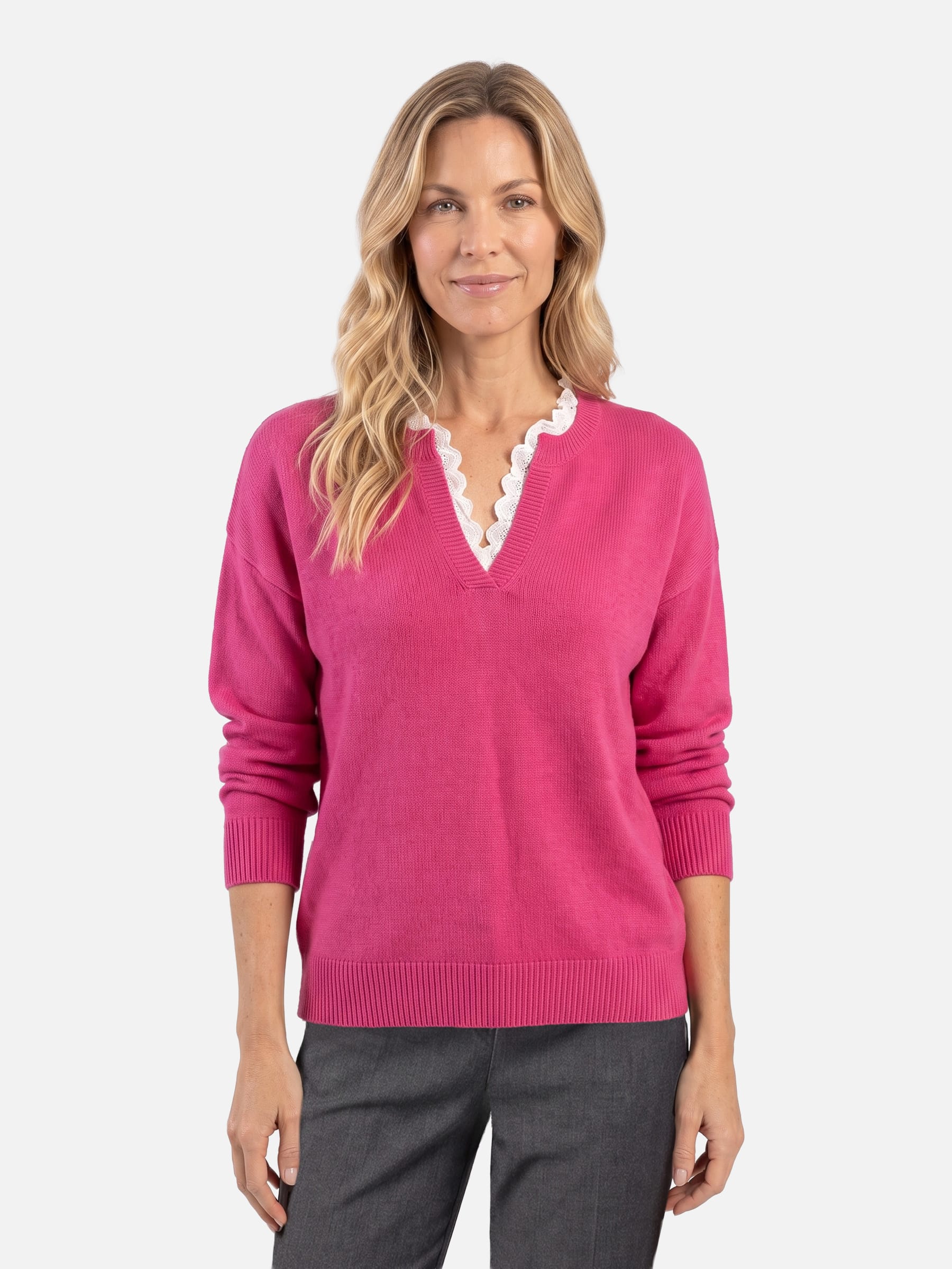 Pull Femme Maille Col V Bordé de Dentelle