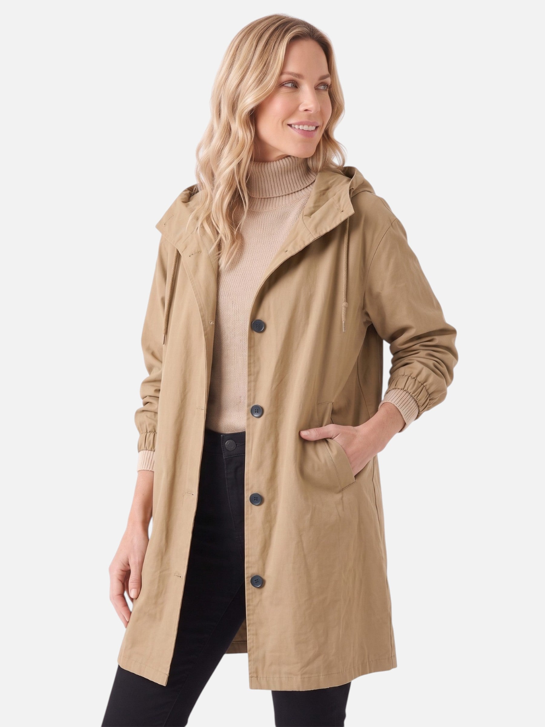 Manteau long imperméable pour femme avec capuche et poches