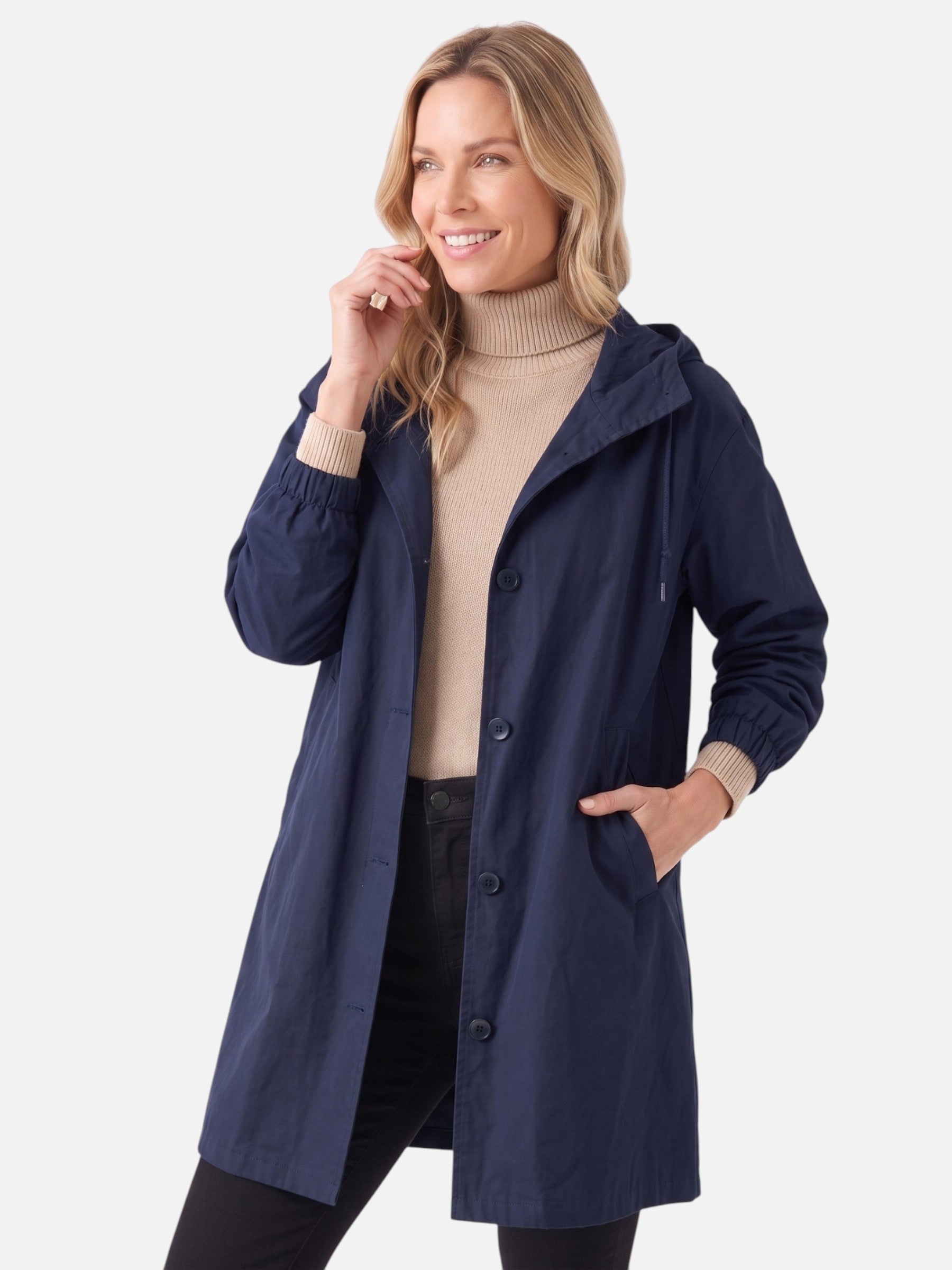 Manteau long imperméable pour femme avec capuche et poches