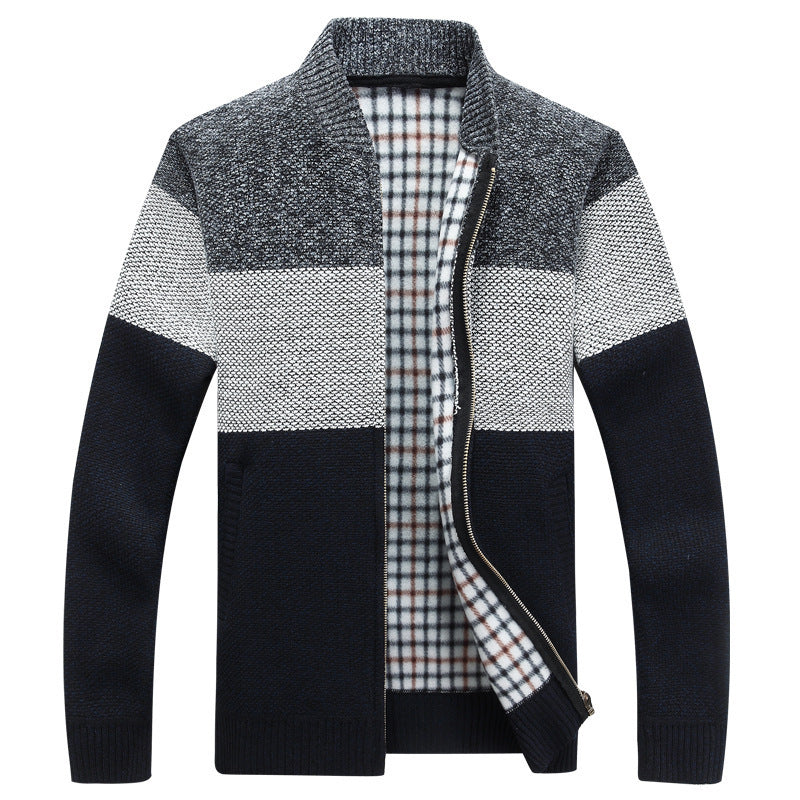 Cardigan à fermeture éclair en tricot coloré pour hommes avec doublure en tissu écossais