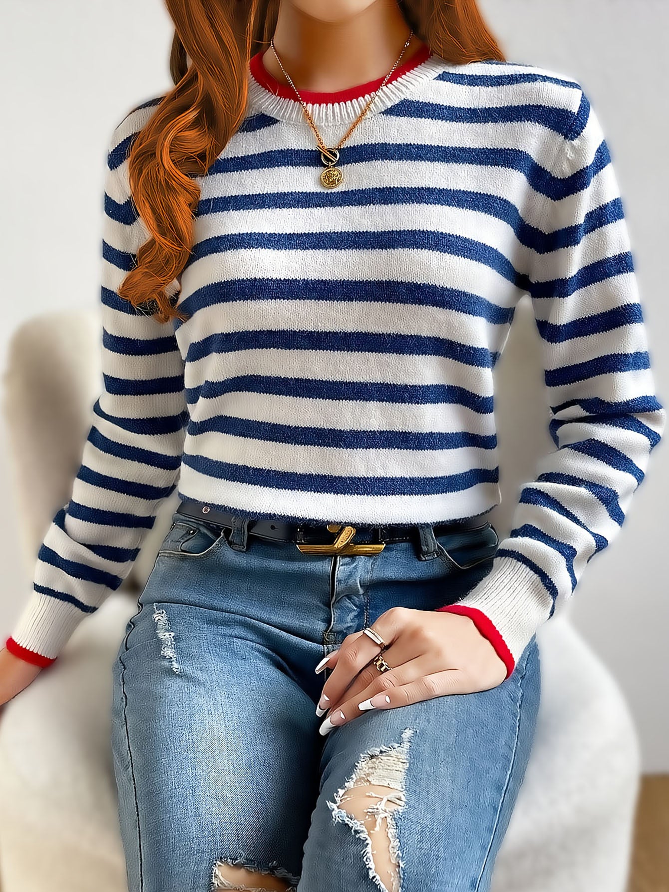 Pull rayé à col rond pour femmes