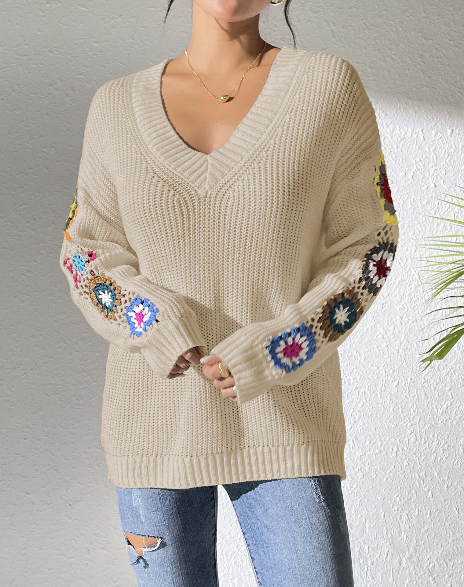 Pull en tricot boho pour femmes avec manches en crochet à motifs floraux