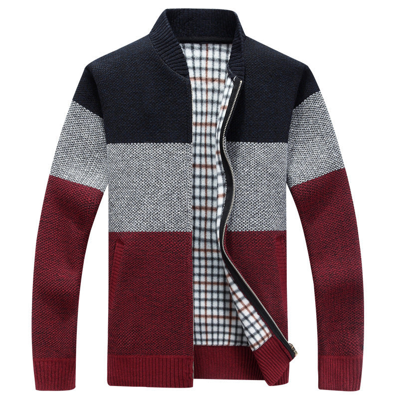 Cardigan à fermeture éclair en tricot coloré pour hommes avec doublure en tissu écossais