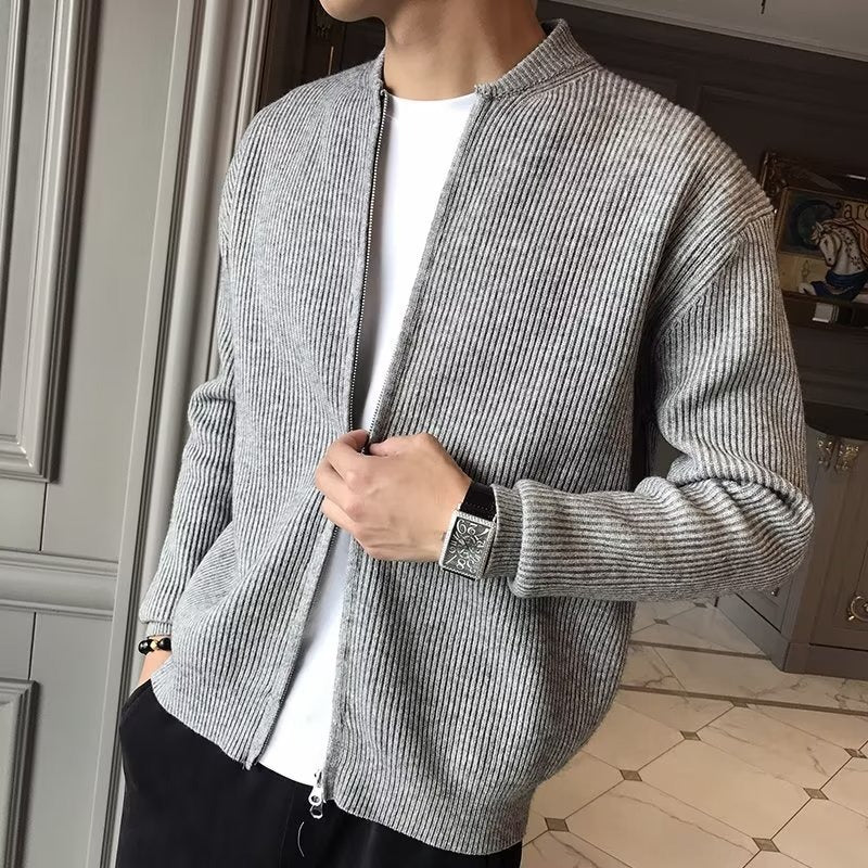 Cardigan zippé minimaliste en tricot côtelé pour hommes