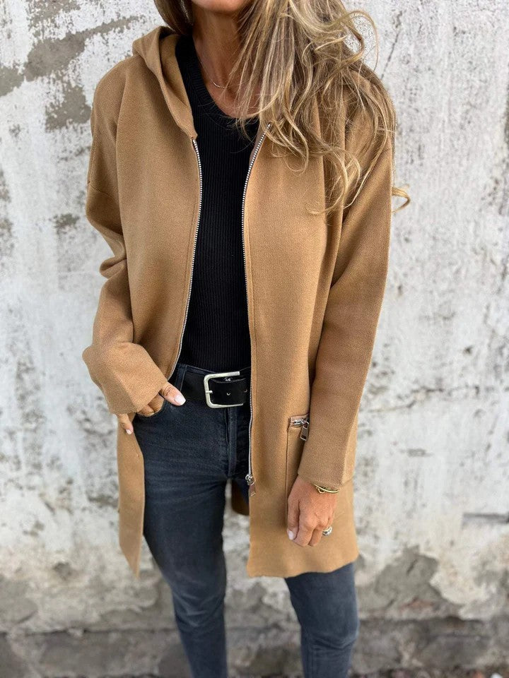 Veste longue à capuche et fermeture éclair chic pour femme