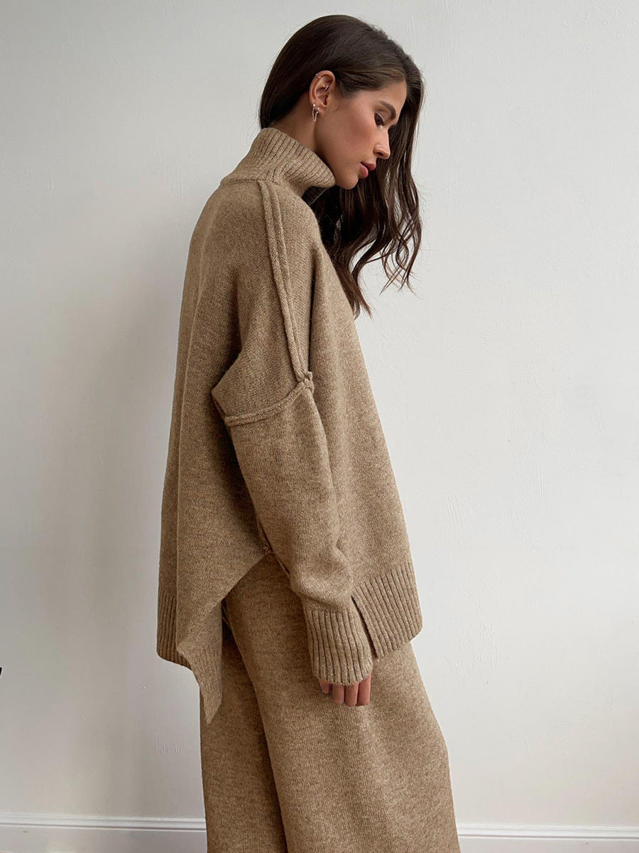 Ensemble pull à col roulé tricoté pour femme
