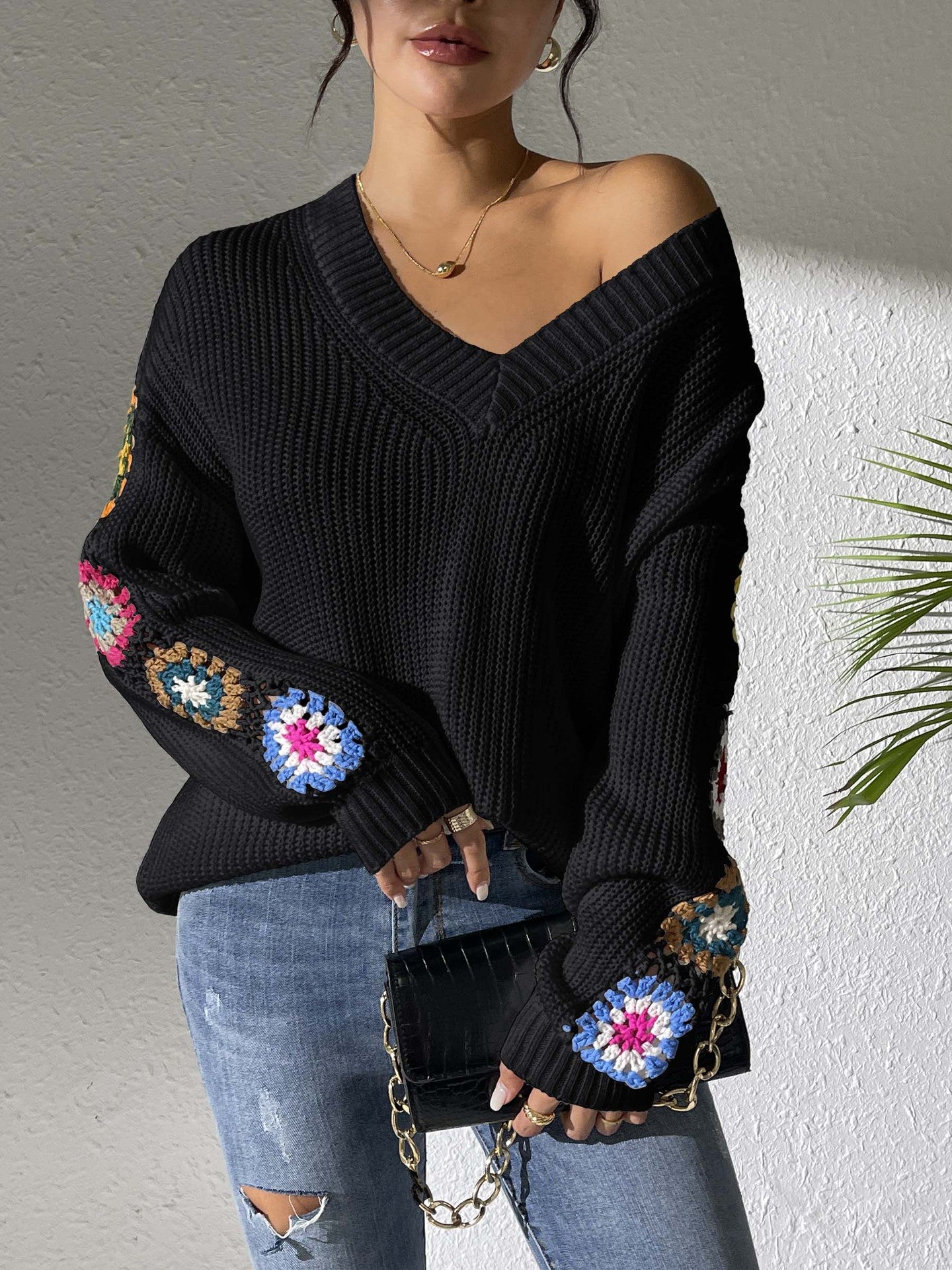 Pull en tricot boho pour femmes avec manches en crochet à motifs floraux