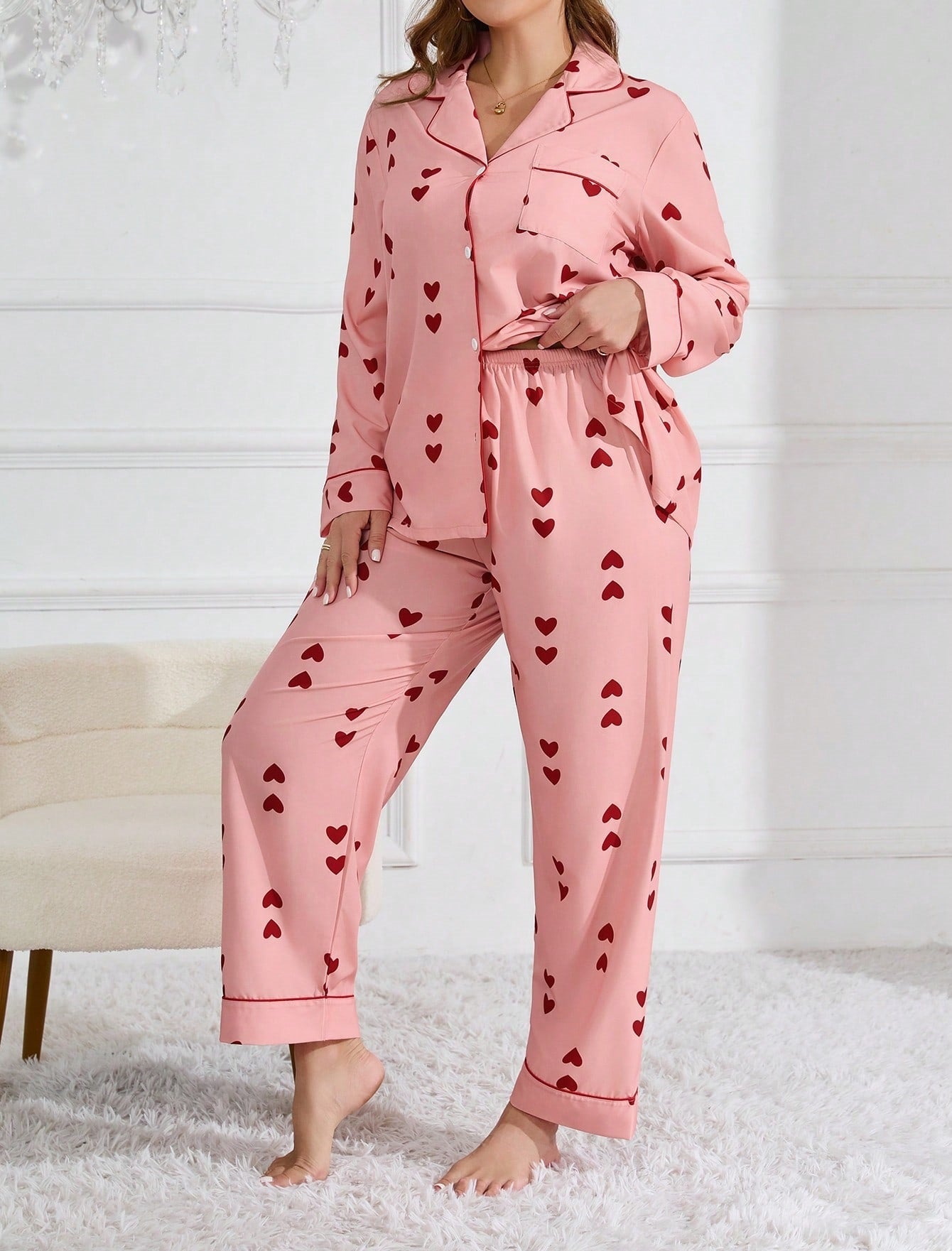 Pyjama en satin imprimé cœur pour femmes