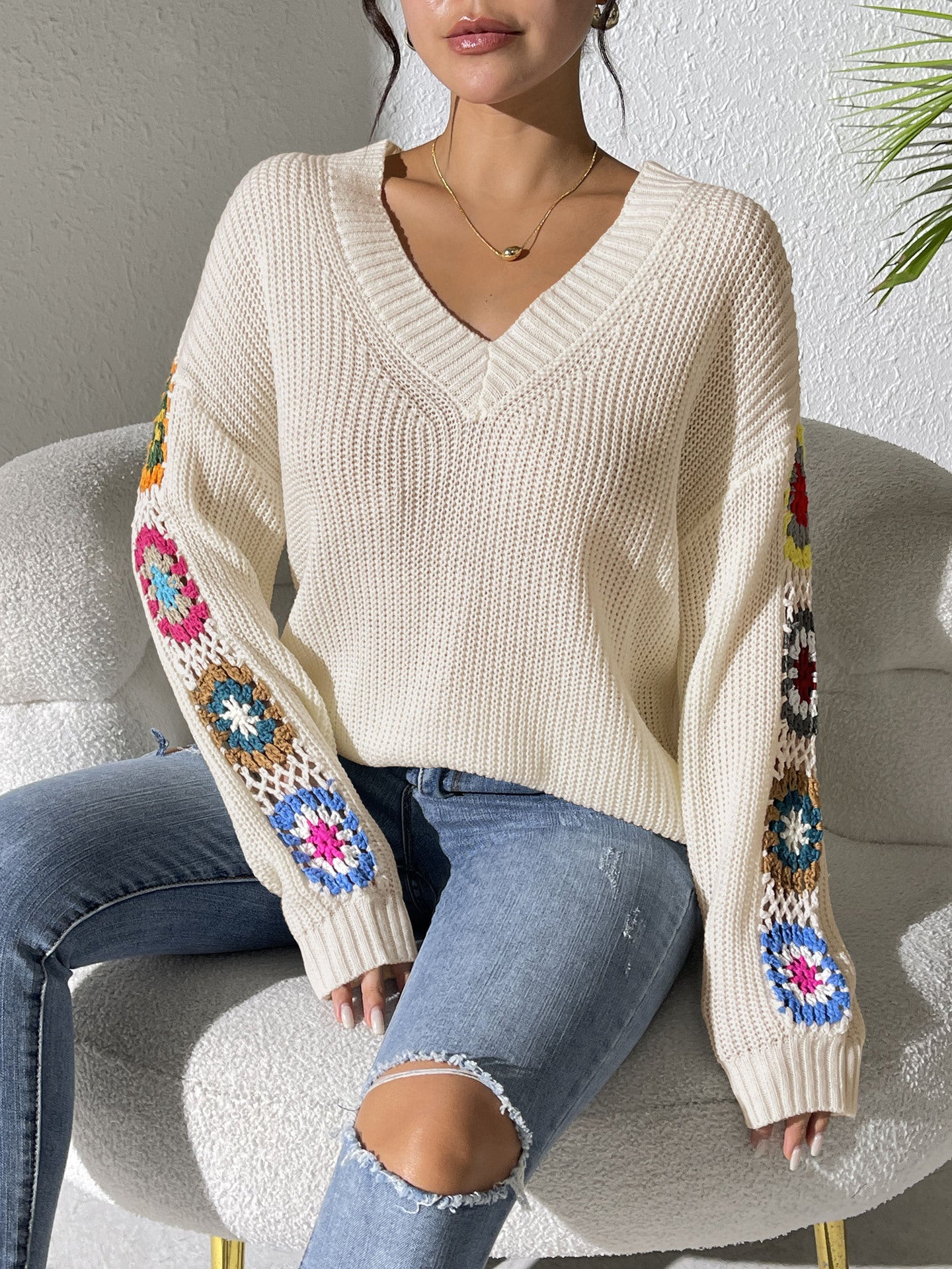 Pull en tricot boho pour femmes avec manches en crochet à motifs floraux