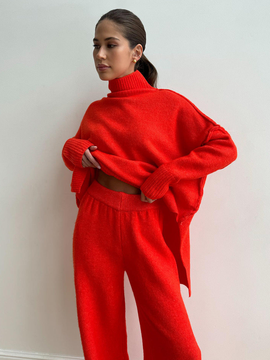 Ensemble pull à col roulé tricoté pour femme