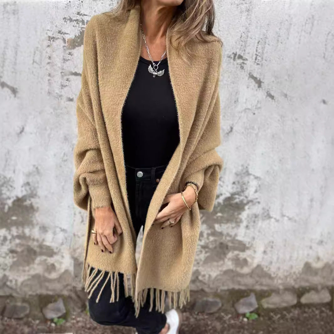 Cardigan décontracté ouvert sur le devant avec franges pour femme