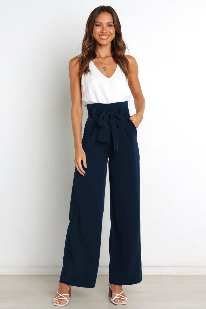 Pantalon taille haute avec ceinture à nouer pour femme