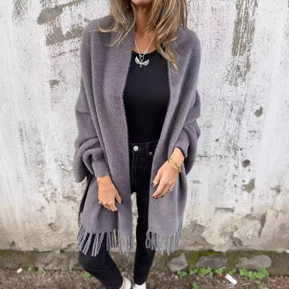 Cardigan décontracté ouvert sur le devant avec franges pour femme