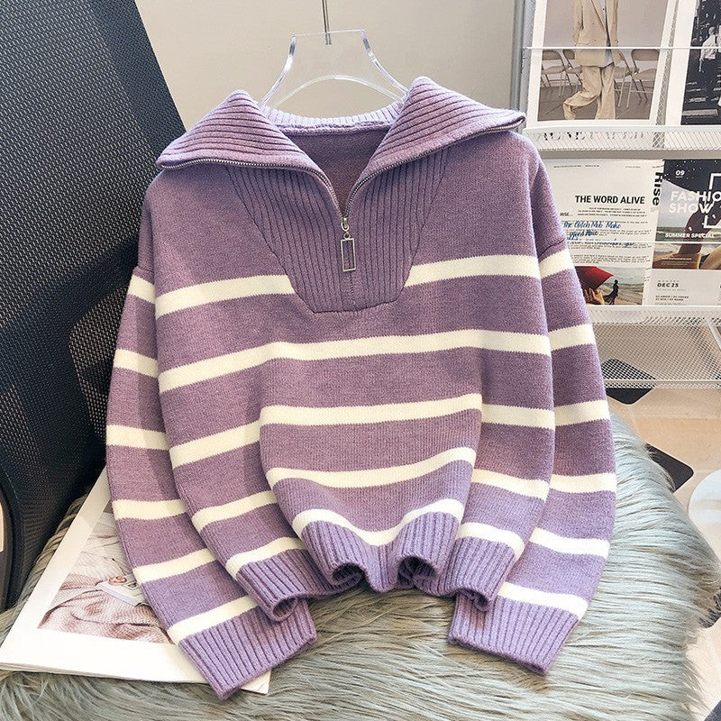 Pull demi-zip en tricot rayé pour femmes