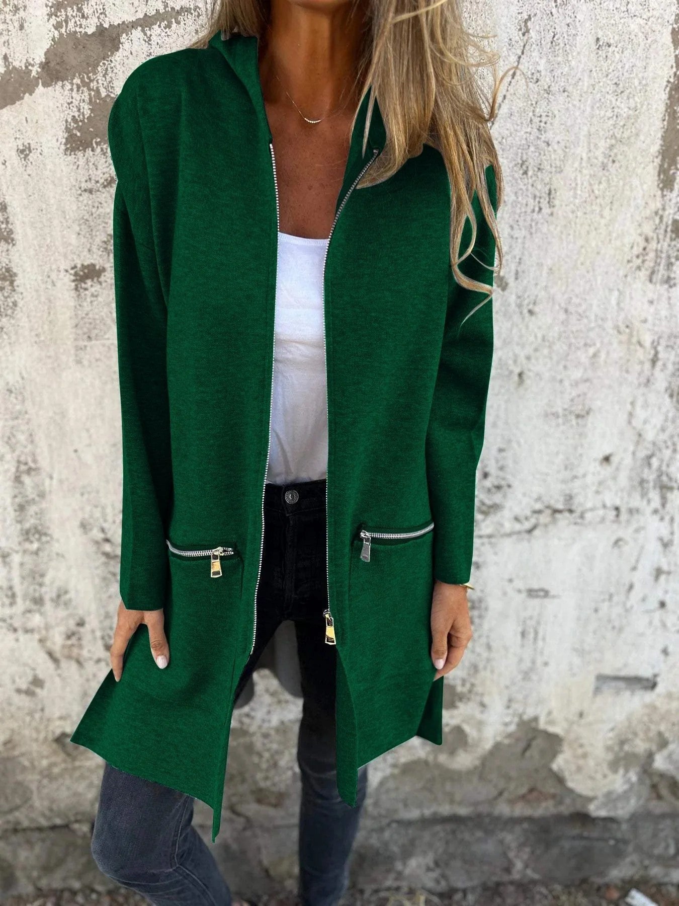 Veste longue à capuche et fermeture éclair chic pour femme