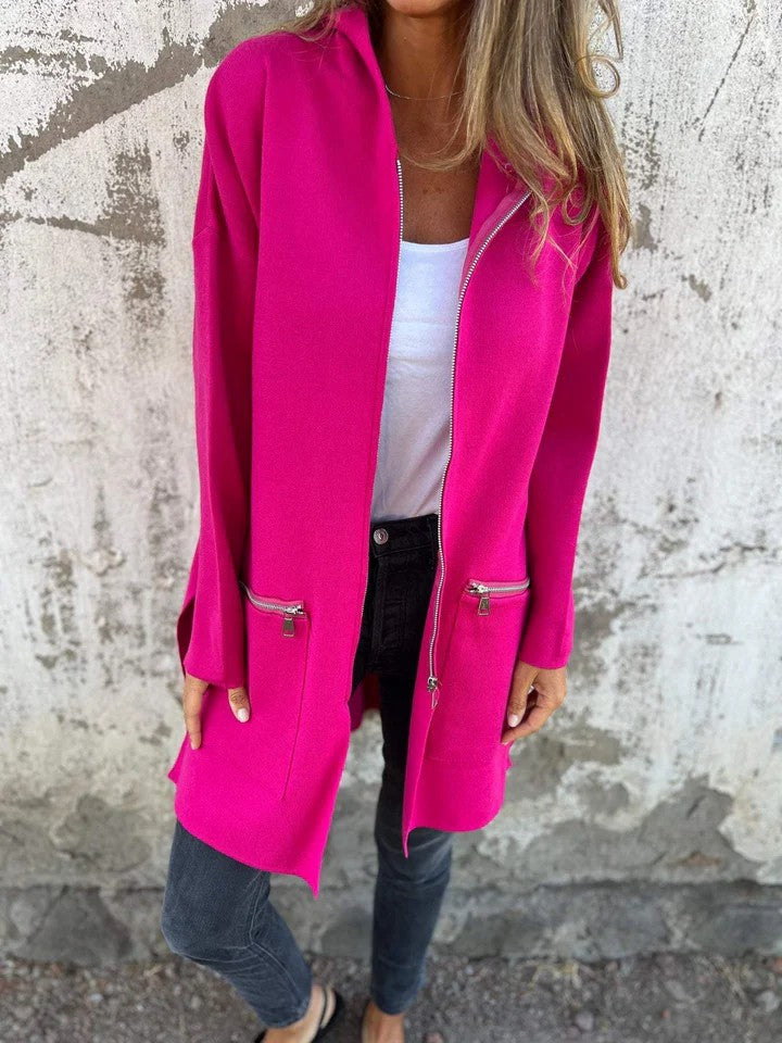 Veste longue à capuche et fermeture éclair chic pour femme