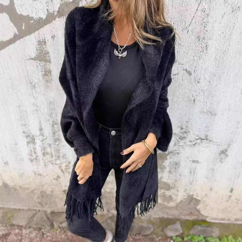 Cardigan décontracté ouvert sur le devant avec franges pour femme