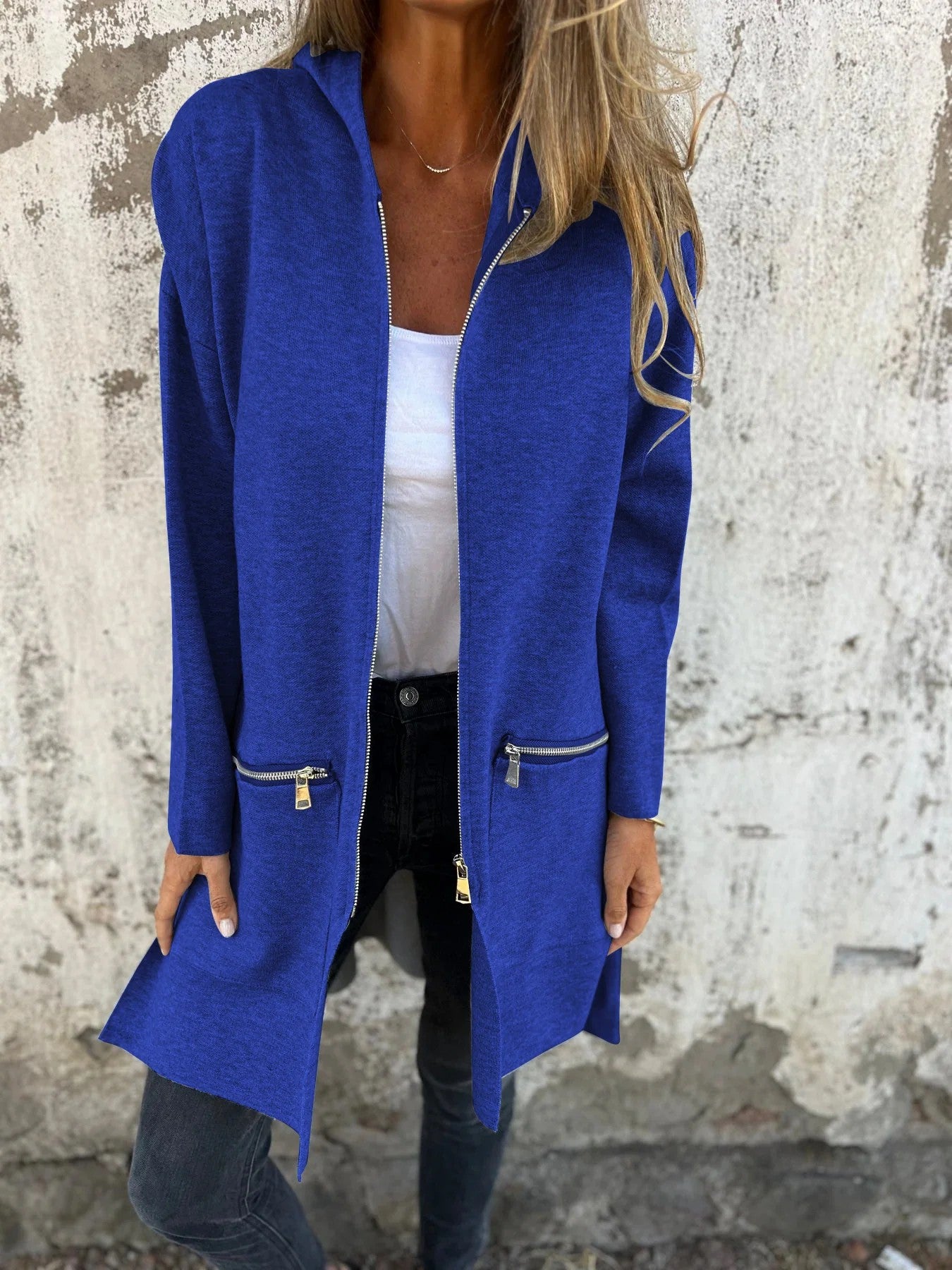 Veste longue à capuche et fermeture éclair chic pour femme