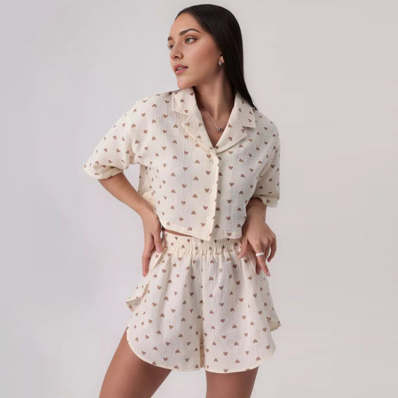 Ensemble de pyjama chemise et short à imprimé cœur pour femme