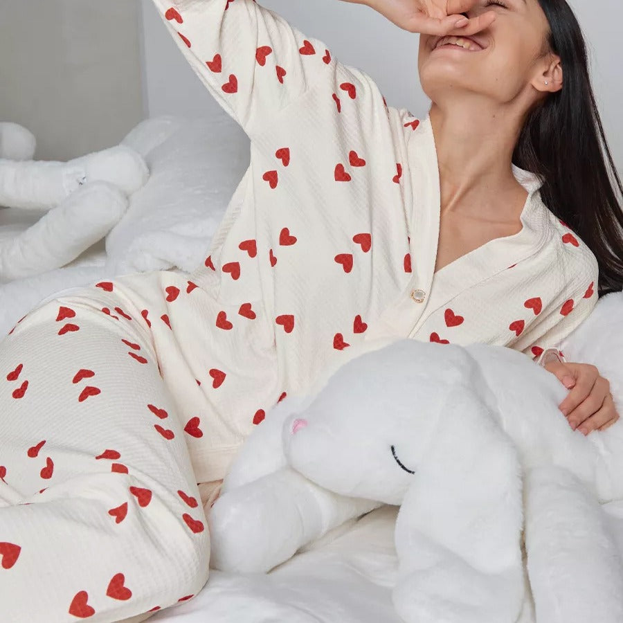 Pyjama gaufré à imprimé cœur pour femmes