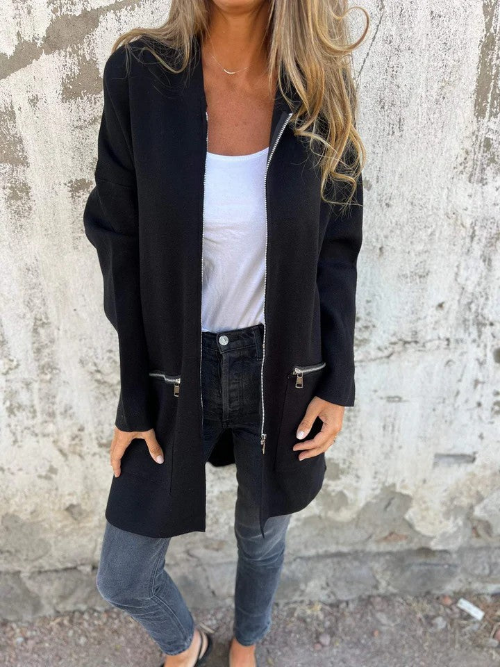 Veste longue à capuche et fermeture éclair chic pour femme