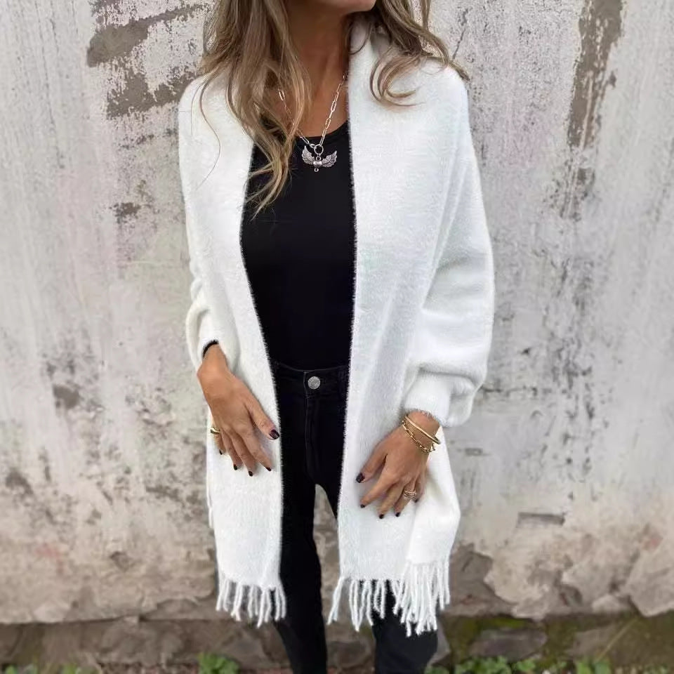 Cardigan décontracté ouvert sur le devant avec franges pour femme