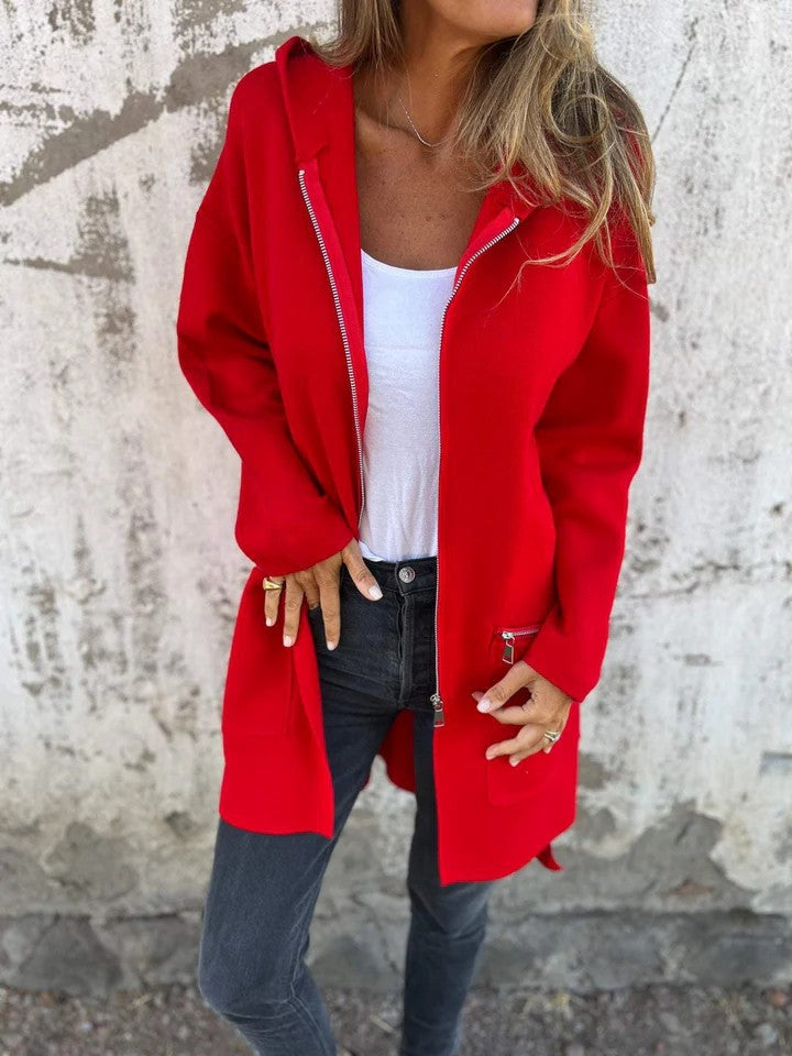 Veste longue à capuche et fermeture éclair chic pour femme
