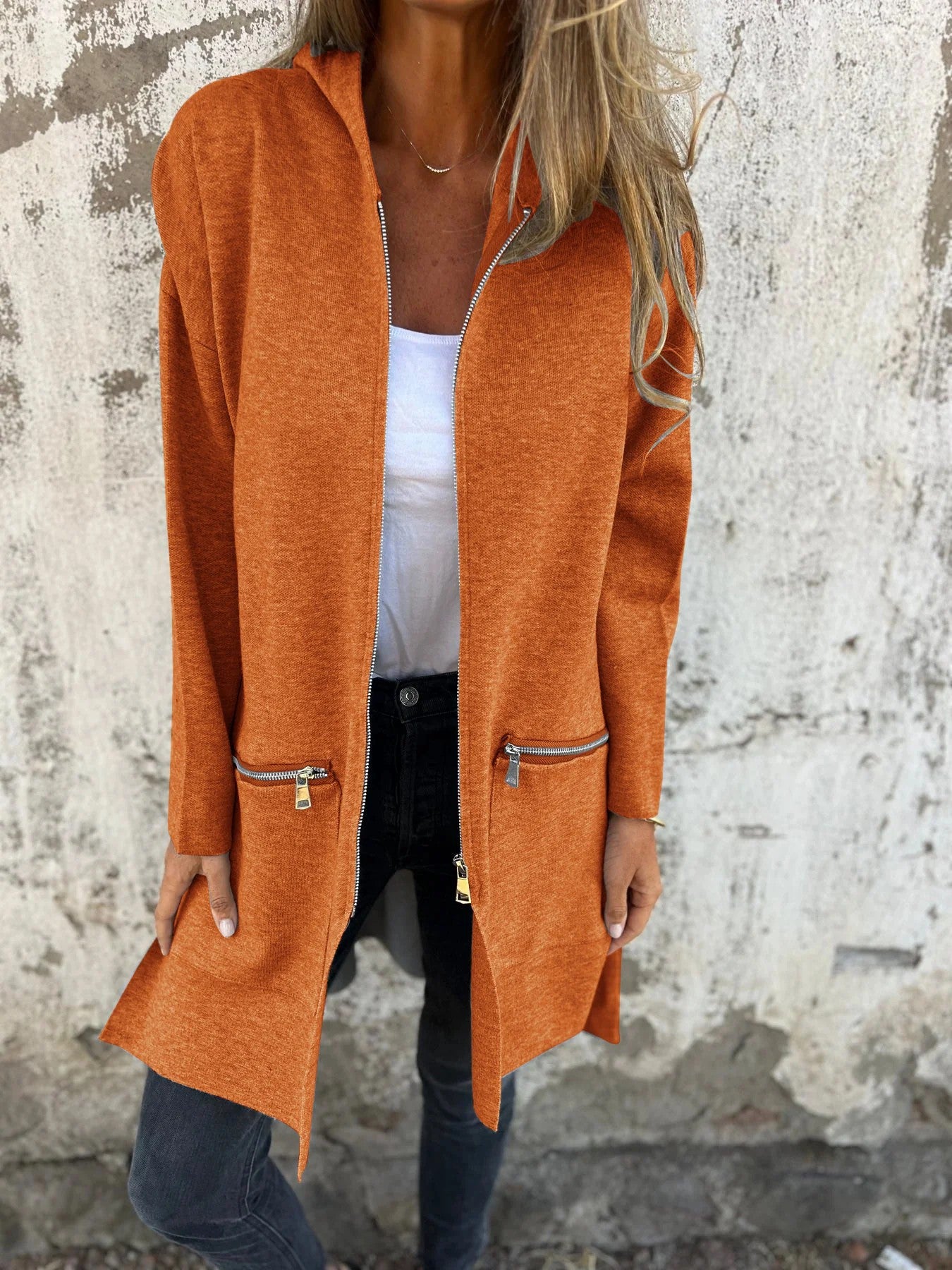 Veste longue à capuche et fermeture éclair chic pour femme