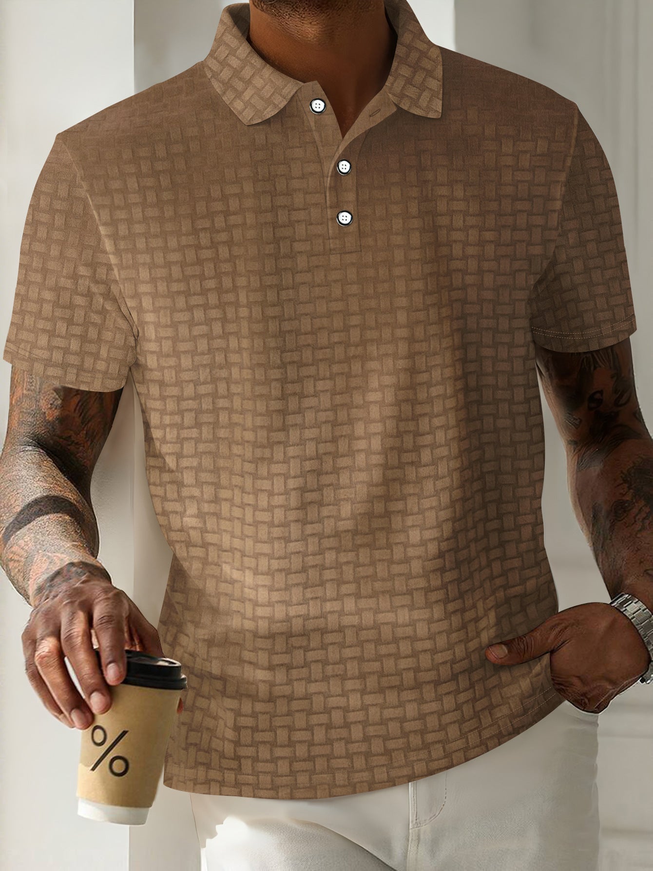 Polo classique à manches courtes avec texture géométrique pour hommes