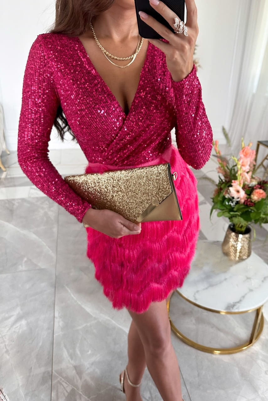 Robe de soirée glamour à paillettes pour femmes avec ourlet en plumes