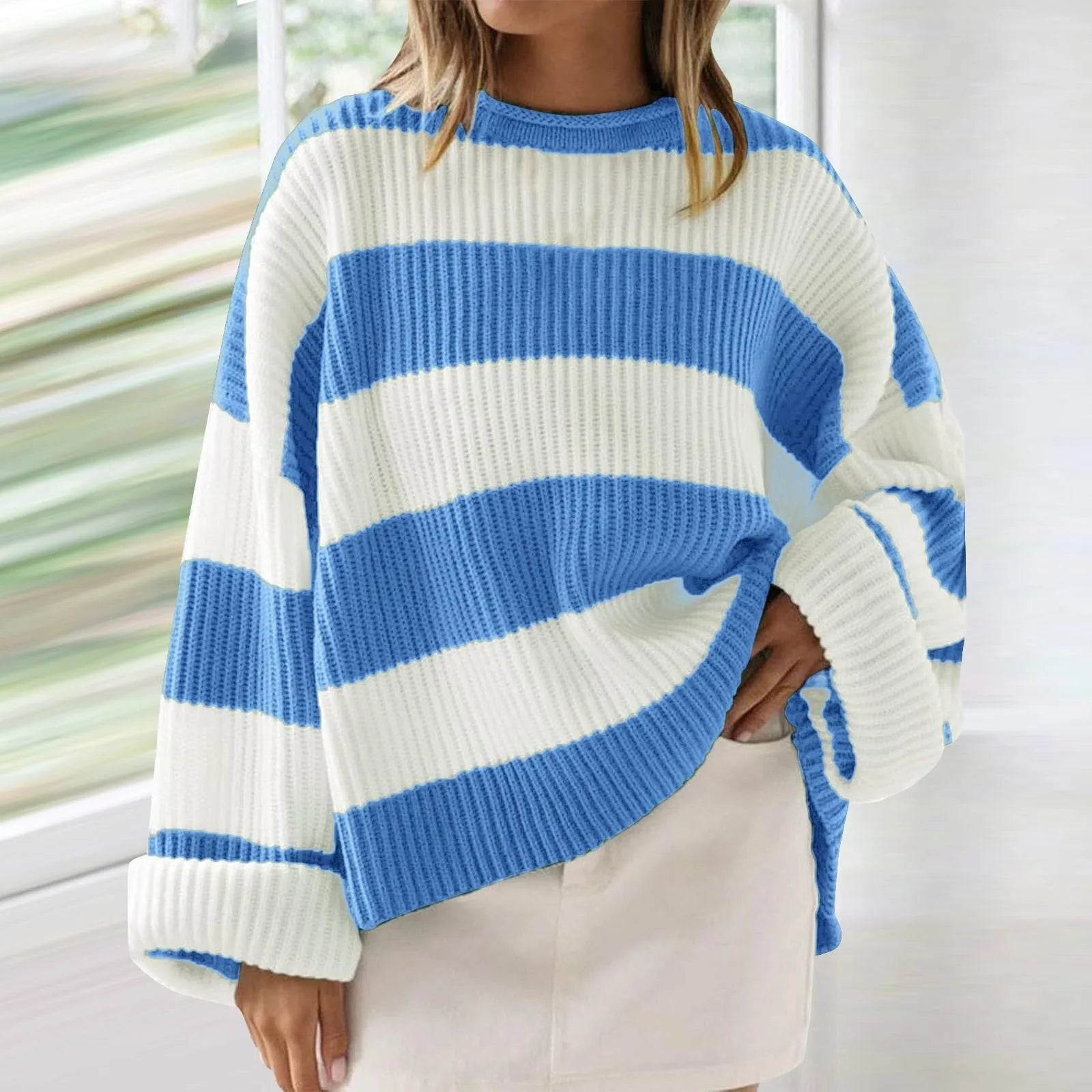 Pull en tricot rayé à col ras du cou pour femmes