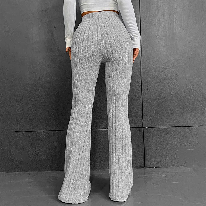 Pantalon évasé en tricot côtelé à taille haute pour femmes