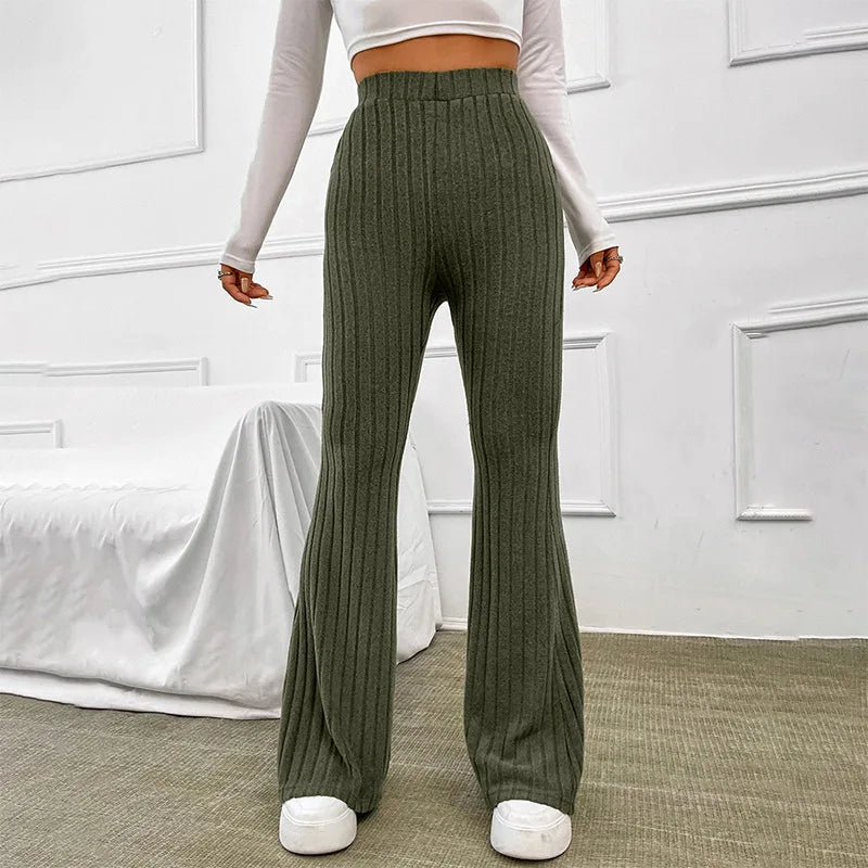 Pantalon évasé en tricot côtelé à taille haute pour femmes