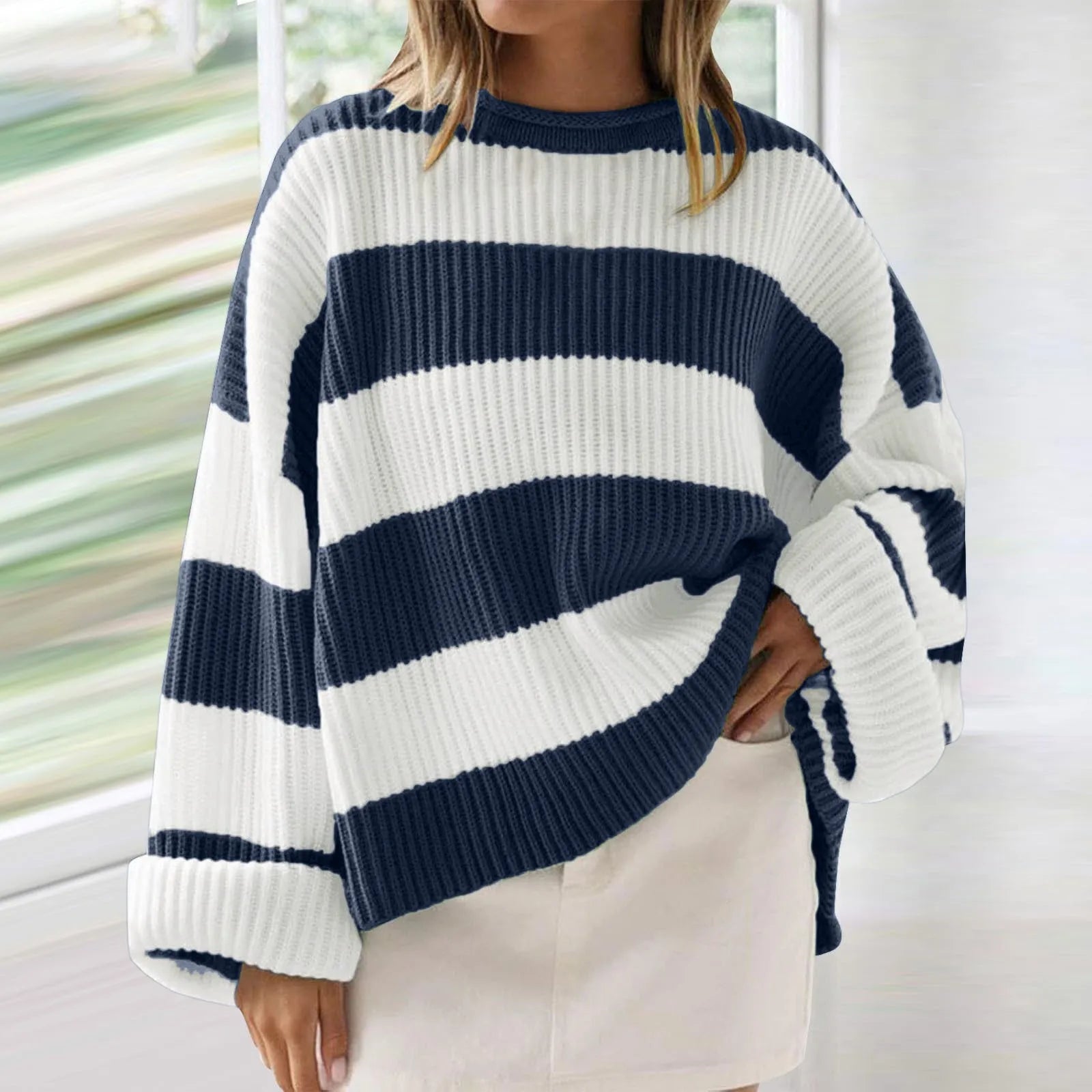 Pull en tricot rayé à col ras du cou pour femmes