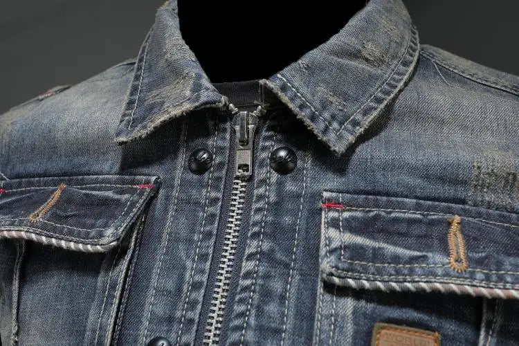 Veste en jean vintage avec poches sur le devant pour hommes