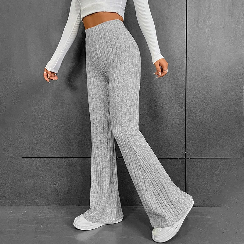 Pantalon évasé en tricot côtelé à taille haute pour femmes