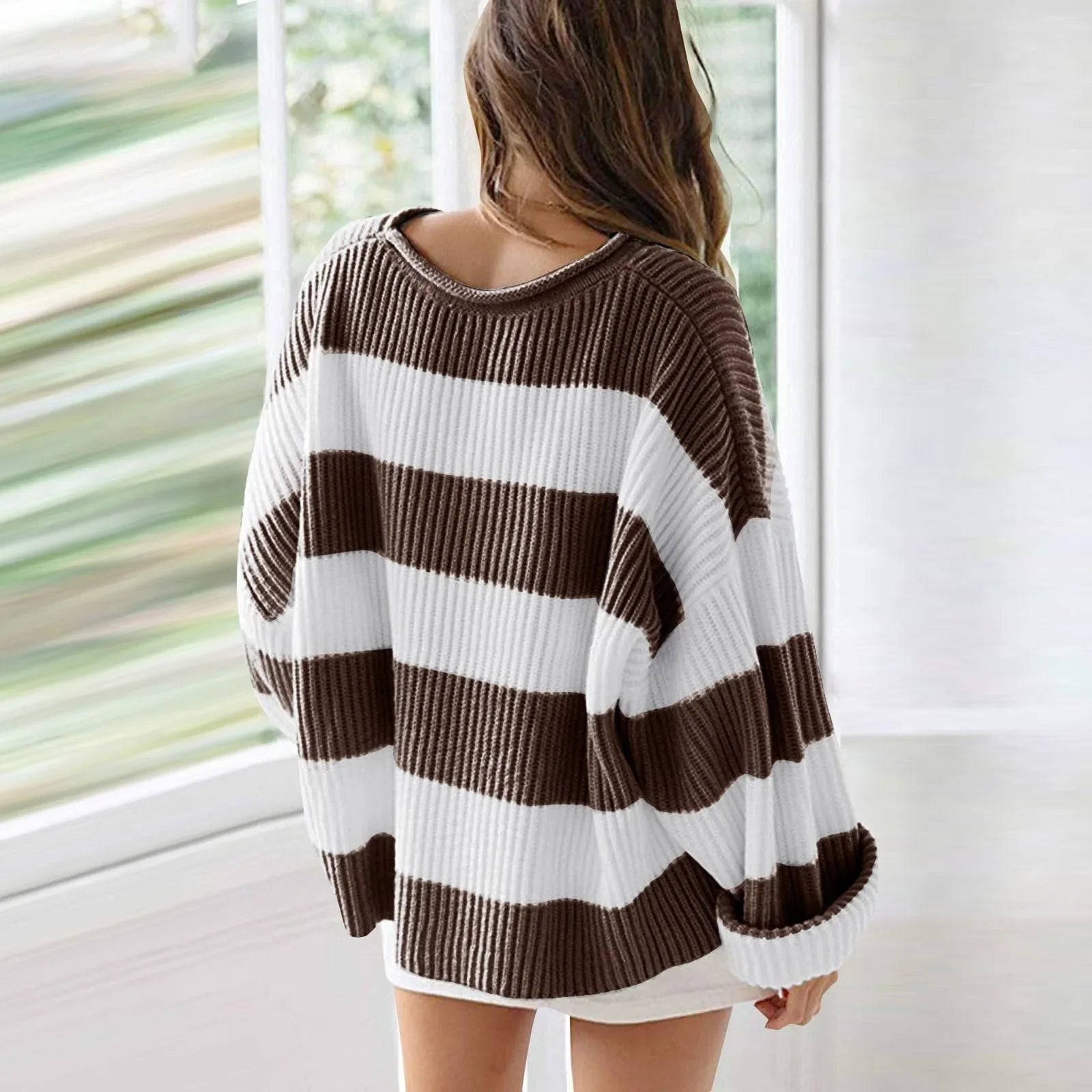 Pull en tricot rayé à col ras du cou pour femmes