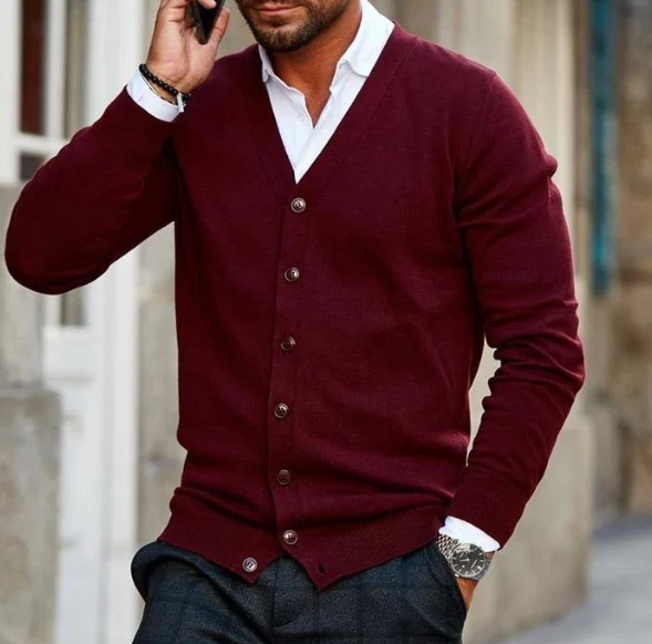 Cardigan classique à col en V et à coupe étroite pour hommes