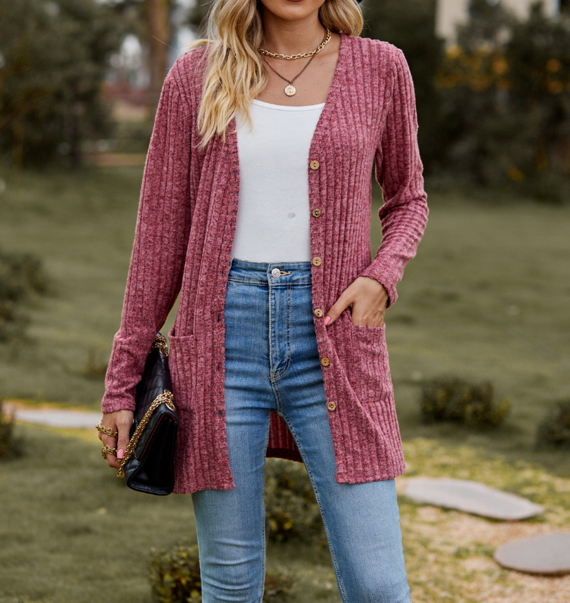 Cardigan long côtelé à col en V avec poches pour femmes