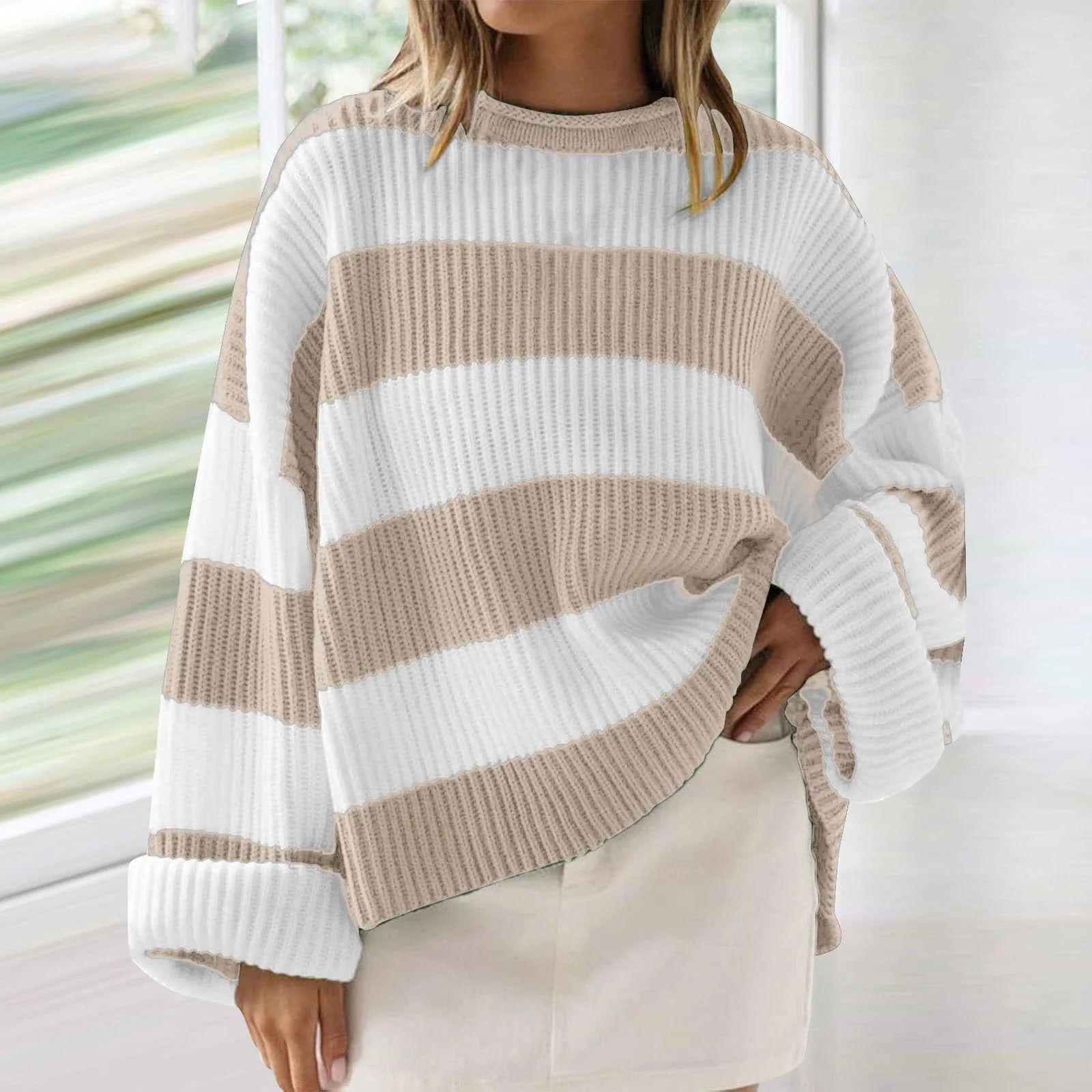 Pull en tricot rayé à col ras du cou pour femmes