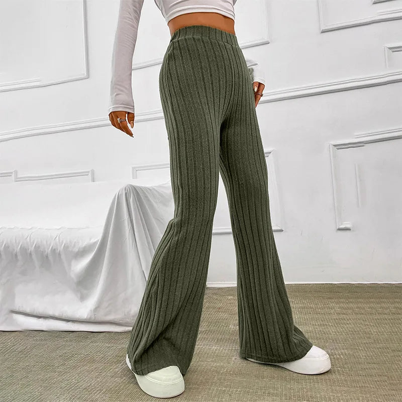 Pantalon évasé en tricot côtelé à taille haute pour femmes