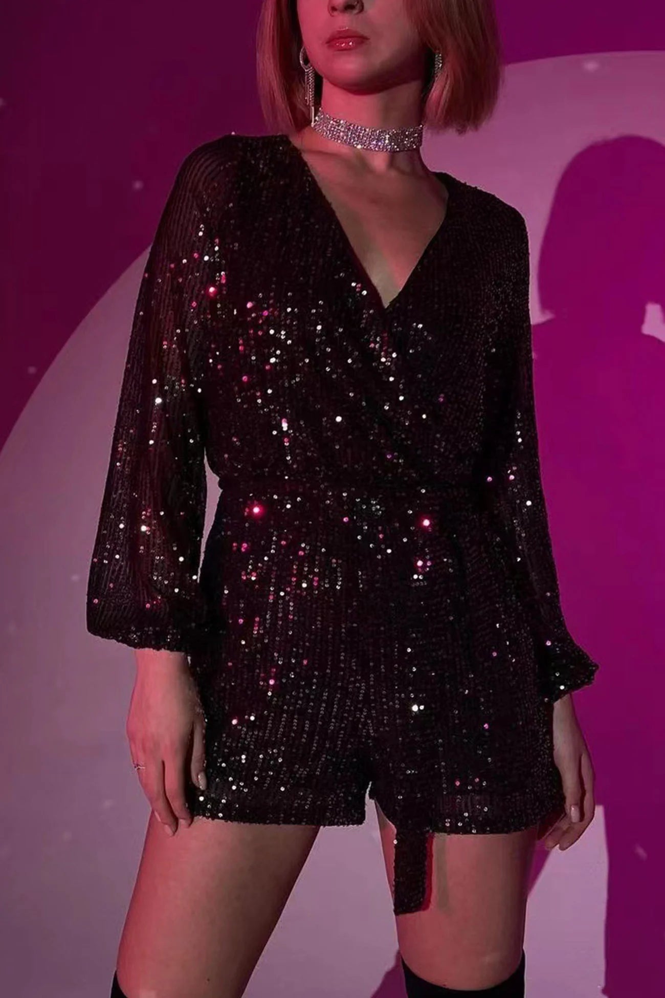 Combinaison à paillettes scintillantes avec ceinture à la taille pour femme